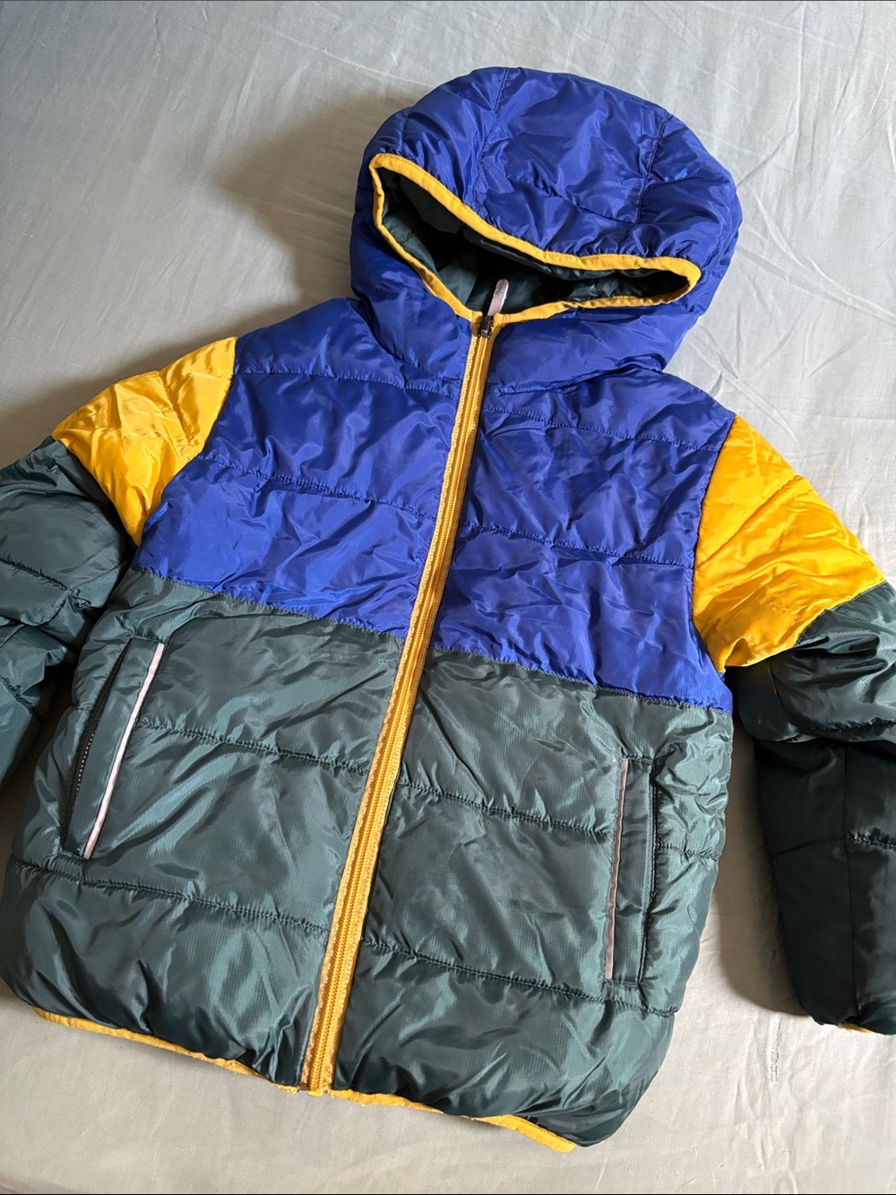 Hanna Andersson Colorblock Hooded Puffer Jacket — Blue, Yellow & Gray